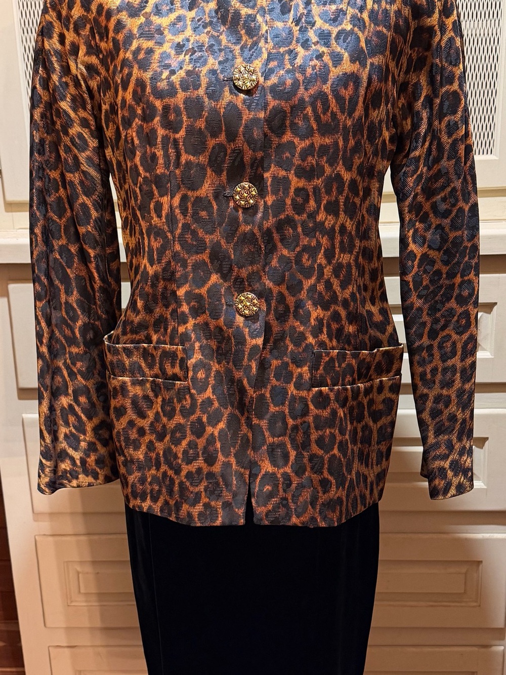 Vintage Ronnie Heller MJ Leopard Jacket Black Velvet Skirt Set Bergdorf Goodman